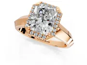 Halo Engagement Ring Setting for Radiant Cut Center with Knife Ridge Cathedral Band and Prong Head in Rose Gold