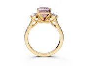 3 Stone Engagement Ring Setting for Fancy Pink Princess Cut Center with Crossover Basket, Pave Band and Prong Head in Yellow Gold