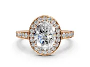 Bezel-Framed Halo Engagement Ring Setting for Oval Center with Pave Band and Prong Head in Rose Gold