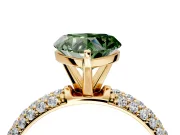 Solitaire Engagement Ring Setting for Fancy Green Heart-Shaped Center with Domed Multi-Row Pave Band and Prong Head in Yellow Gold