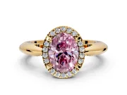 Halo Engagement Ring Setting for Fancy Pink Oval Center with Tapered Plain Band and Prong Head in Yellow Gold