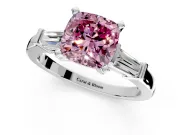 3 Stone Engagement Ring Setting for Fancy Pink Cushion Cut Center with Channel Baguette Accents and Prong Head in Platinum
