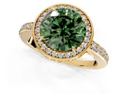 Halo Engagement Ring Setting for Fancy Green Round Cut Center with Metal-Rimmed Halo, Pave Band and Prong Head in Yellow Gold