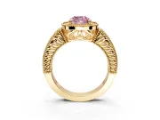 Milgrain Halo Engagement Ring Setting for Fancy Pink Cushion Cut Center with Pave Band and Prong Head in Yellow Gold