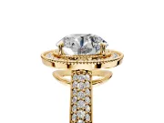 Milgrain Halo Engagement Ring Setting for Round Cut Center with Three-Sided Pave Band and Prong Head in Yellow Gold