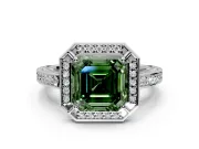 Halo Engagement Ring Setting for Fancy Green Asscher Cut Center with Framed Halo, Pave Band and Prong Head in Platinum