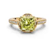 Floral Engagement Ring Setting for Fancy Yellow Princess Cut Center with Four Accent Clusters and Prong Head in Yellow Gold