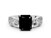 Leaf Engagement Ring Setting for Fancy Black Princess Cut Center with Milgrain Accent Band and Prong Head in Sterling Silver