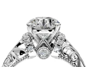 Solitaire Engagement Ring Setting for Round Cut Center with Filigree Accent Basket and Prong Head in Sterling Silver