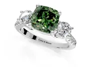 3 Stone Engagement Ring Setting for Fancy Green Cushion Cut Center with Crossover Basket, Pave Band and Prong Head in White Gold