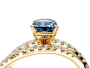 Solitaire Engagement Ring Setting for Fancy Blue Emerald Cut Center with Woven 3-Strand Pave Band and Prong Head in Yellow Gold