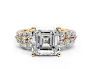 Cluster Engagement Ring Setting for Asscher Cut Center with 2-Row Shoulder Clusters and Prong Head in Yellow Gold