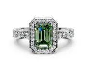Milgrain Halo Engagement Ring Setting for Fancy Green Emerald Cut Center with Wide Pave Band and Prong Head in Platinum