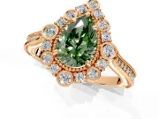Milgrain Halo Engagement Ring Setting for Fancy Green Pear-Shaped Center with Bezel Point Accents and Prong Head in Rose Gold