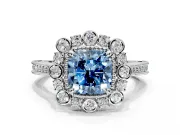 Milgrain Halo Engagement Ring Setting for Fancy Blue Cushion Cut Center with Bezel Point Accents and Prong Head in White Gold
