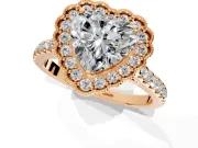 Milgrain Floral Halo Engagement Ring Setting for Heart-Shaped Center with Pave Band and Prong Head in Rose Gold