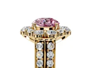 Large Accent Halo Engagement Ring Setting for Fancy Pink Round Cut Center with Pave Split Shank and Prong Head in Yellow Gold