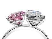 Fancy Pink Cushion Cut and Emerald Cut Lab-Grown Diamond Toi et Moi Engagement Ring with Prong-Set Stones in Platinum