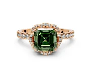 Floral Halo Engagement Ring Setting for Fancy Green Asscher Cut Center with Pave Band and Prong Head in Rose Gold