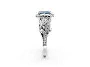 Milgrain Halo Engagement Ring Setting for Fancy Blue Radiant Cut Center with Shoulder Bezels and Prong Head in Platinum