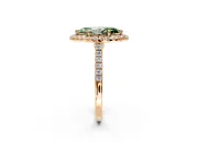 Halo Engagement Ring Setting for Fancy Green Marquise Center with Narrowing Pave Band and Prong Head in Rose Gold