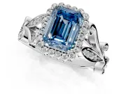 Halo Engagement Ring Setting for Fancy Blue Emerald Cut Center with Leaf Motif Split Shank and Prong Head in Platinum