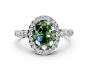 Halo Engagement Ring Setting for Fancy Green Oval Center with Heart-Shaped Openwork, Pave Band and Prong Head in Sterling Silver