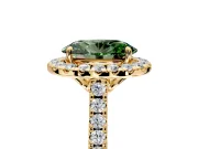 Halo Engagement Ring Setting for Fancy Green Oval Center with Raised Halo, Pave Band and Prong Head in Yellow Gold