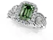 Milgrain Halo Engagement Ring Setting for Fancy Green Emerald Cut Center with Shoulder Bezels and Prong Head in Platinum