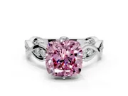 Solitaire Engagement Ring Setting for Fancy Pink Cushion Cut Center with Accented Twist Band and Leaf Prong Head in White Gold