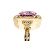 Halo Engagement Ring Setting for Fancy Pink Radiant Cut Center with Milgrain Rim, Pave Band and Prong Head in Yellow Gold