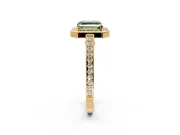 Halo Engagement Ring Setting for Fancy Green Asscher Cut Center with Framed Halo, Pave Band and Prong Head in Yellow Gold