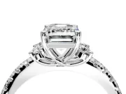 Paired Accent Engagement Ring Setting for Emerald Cut Center with Pave Band and Prong Head in Platinum