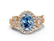 Milgrain Halo Engagement Ring Setting for Fancy Blue Oval Center with Shoulder Bezels and Prong Head in Rose Gold
