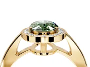 Bezel-Framed Halo Engagement Ring Setting for Fancy Green Oval Center with Pave Band and Prong Head in Yellow Gold