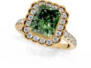 Milgrain Floral Halo Engagement Ring Setting for Fancy Green Radiant Cut Center with Pave Band and Prong Head in Yellow Gold