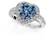 Bezel-Framed Halo Engagement Ring Setting for Fancy Blue Heart-Shaped Center with Pave Band and Prong Head in White Gold