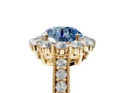 Halo Engagement Ring Setting for Fancy Blue Round Cut Center with Milgrain Channel Band and Prong Head in Yellow Gold