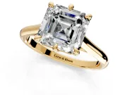 Solitaire Engagement Ring Setting for Asscher Cut Center with Cathedral Band and Prong Head in Yellow Gold