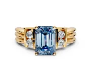 Solitaire Engagement Ring Setting for Fancy Blue Emerald Cut Center with Grooved Bar Accent Band and Prong Head in Yellow Gold