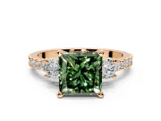 3 Stone Engagement Ring Setting for Fancy Green Princess Cut Center with Round Cut Side Accents and Prong Head in Rose Gold