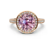 Halo Engagement Ring Setting for Fancy Pink Round Cut Center with Metal-Rimmed Halo, Pave Band and Prong Head in Rose Gold