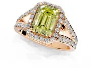 Halo Engagement Ring Setting for Fancy Yellow Emerald Cut Center with Narrow Pave Split Shank and Prong Head in Rose Gold
