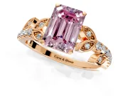 Leaf Motif Engagement Ring Setting for Fancy Pink Emerald Cut Center with Pave Band and Prong Head in Rose Gold