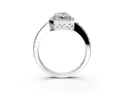 Halo Engagement Ring Setting for Radiant Cut Center with Heart-Shaped Openwork, Pave Band and Prong Head in Sterling Silver
