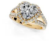 Halo Engagement Ring Setting for Heart-Shaped Center with Narrow Pave Split Shank and Prong Head in Yellow Gold