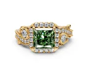 Bypass Halo Engagement Ring Setting for Fancy Green Princess Cut Center with Bezel Accents, Milgrain and Prong Head in Yellow Gold