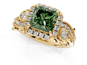 Bypass Halo Engagement Ring Setting for Fancy Green Princess Cut Center with Bezel Accents, Milgrain and Prong Head in Yellow Gold