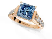 Solitaire Engagement Ring Setting for Fancy Blue Princess Cut Center with Pave Cathedral Shoulders and Prong Head in Rose Gold
