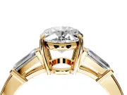 3 Stone Engagement Ring Setting for Oval Center with Baguette Accents and Prong Head in Yellow Gold